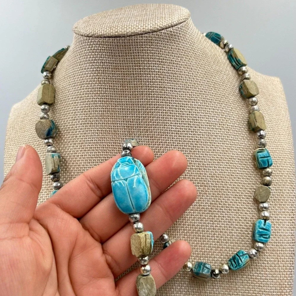 Vintage Egyptian Revival Scarab Beetle Beads Necklace & Filigree‎ Bracelet Set